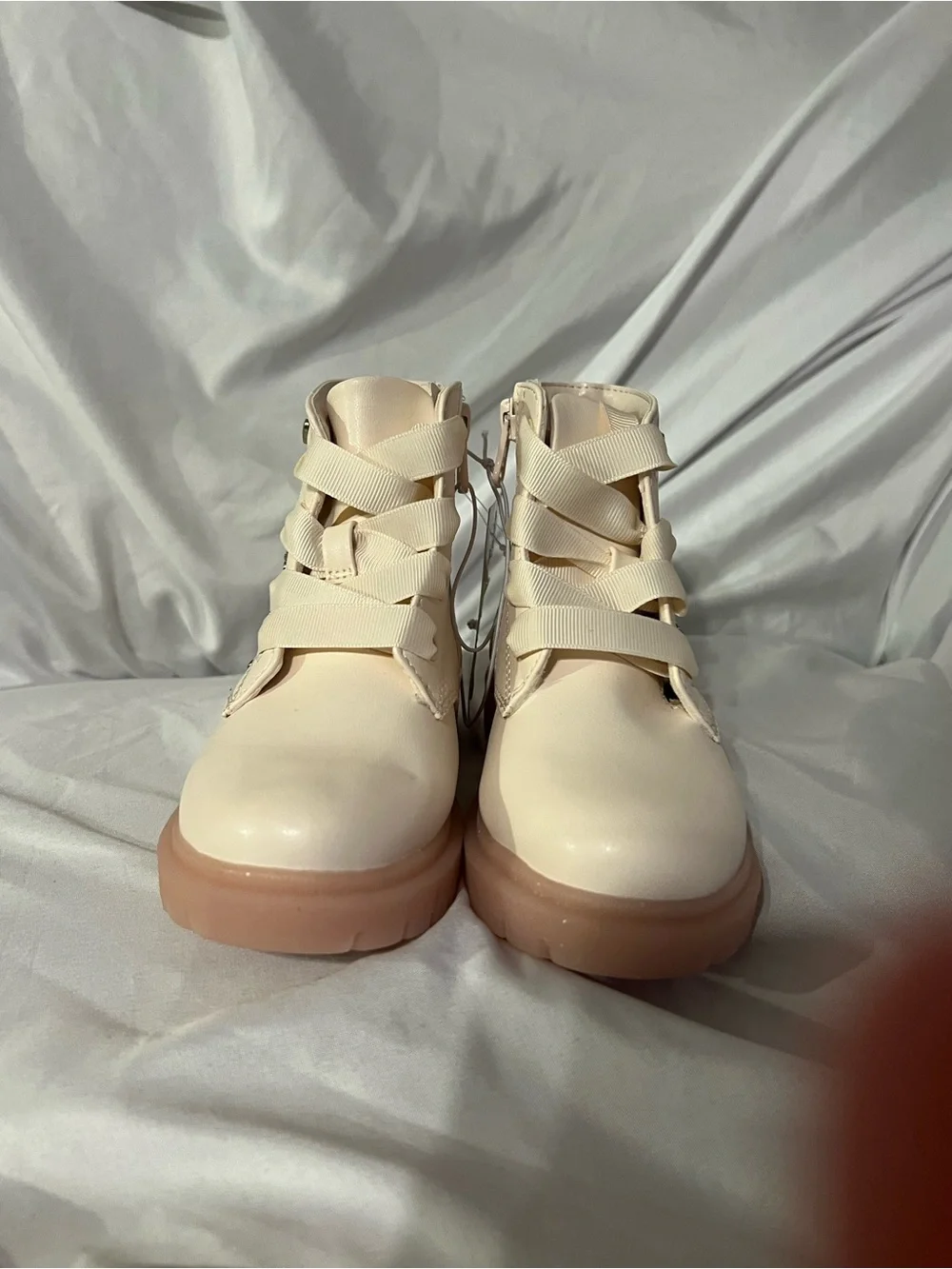Girls Cream Pink Lace-Up Ankle Boots with Heart & Bow Studs